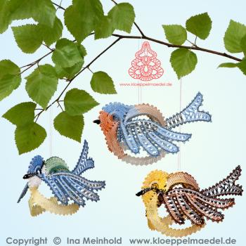 541 Klöppelbriefe drei Vögelchen „Blaumeise, Rotkehlchen und Goldammer"